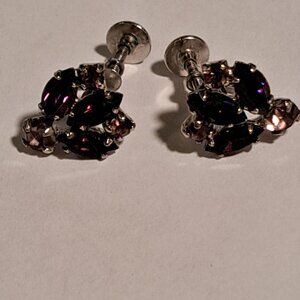 vintage Signed Sherman crystal  rhinestone necklace earing set pink and purple